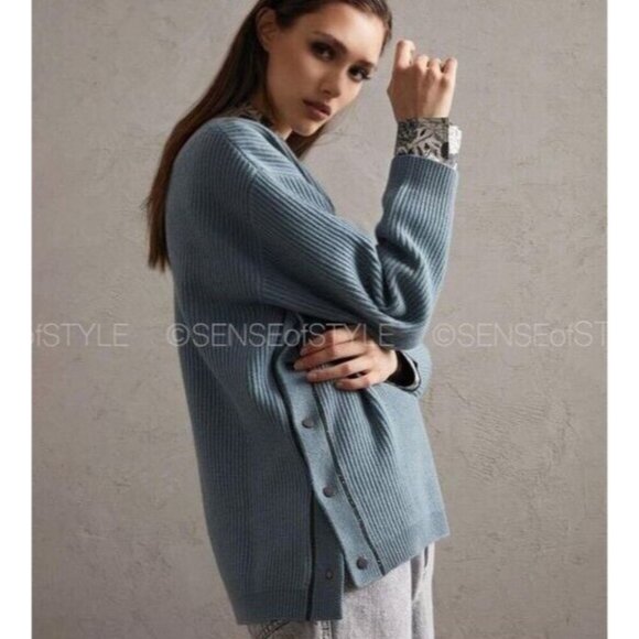 Brunello Cucinelli Cashmere Blue Sweater Lightweight Pullover Monili Size M 42 - Picture 2 of 8
